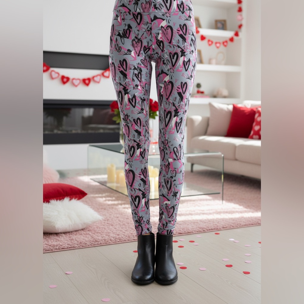 💗OS NEW Womens Valentines Day Leggings, Heart Print Soft Yoga Pants